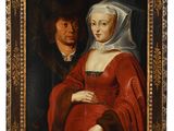 a painting of a woman in a red dress and a man in a black suit