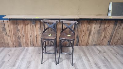 two stools that are sitting in front of a counter
