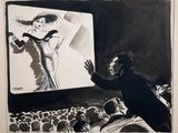 drawing of a man watching a movie on a large screen