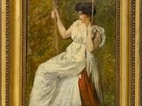 tableau représentant une femme assise sur une balançoire dans un décor boisé
