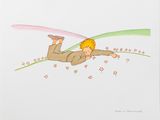 dessin représentant un garçon allongé sur le ventre sur un fond vert et rose