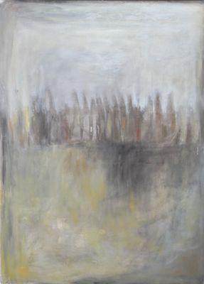 une peinture à l'huile représentant un paysage urbain, placée dans un bocal en verre