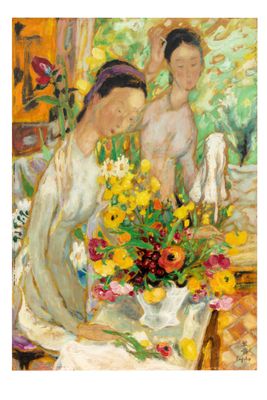 painting of two women with a bouquet of flowers in front of a window