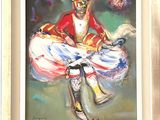 painting of a man in a red jacket and white skirt sitting on a chair