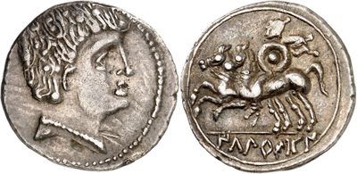 a silver coin with an image of a man and a woman on it