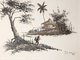 un dessin représentant un homme debout devant un arbre