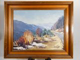 peinture à l'huile d'une scène de montagne dans un cadre en bois