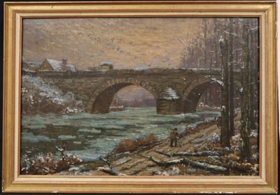 an oil painting of a bridge over a river in a wooded area