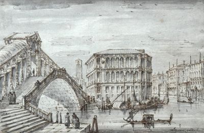 drawing of a view of a city with a bridge over a river