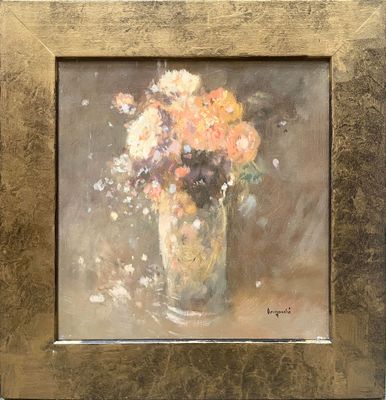 painting of a vase of flowers in a gold frame on a table