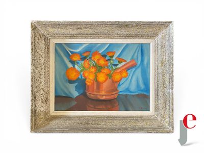 un tableau représentant des oranges dans un saladier en cuivre posé sur une table