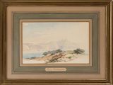 l'image d'un tableau représentant un paysage avec une montagne en arrière-plan