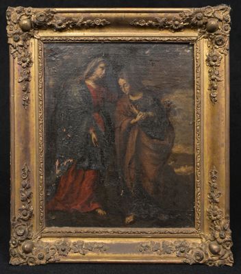 un tableau représentant une femme et un enfant dans un paysage