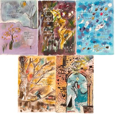 six cartes représentant différents motifs d'arbres et d'oiseaux