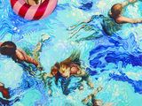 painting of a group of people floating in a pool with a life preserver