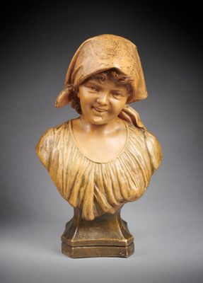 carved bust of a young girl with a bonnet on her head