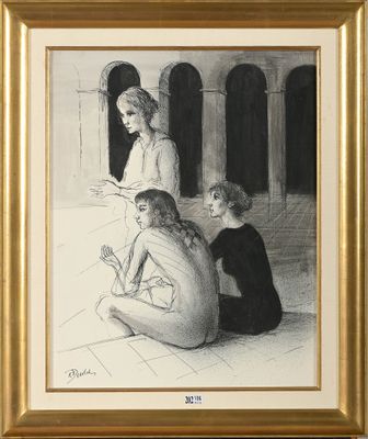 Encre noire sur toile marouflée sur panneau "Trois femmes". …
