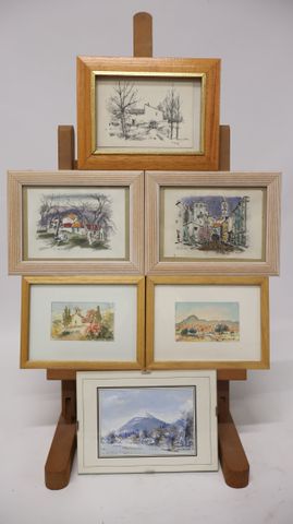 Lot de 5 aquarelles et 1 gravure. Signées dont Michel LOMBARD, C....