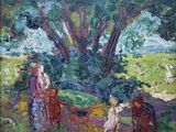 an image of a painting of a woman and two children in a field