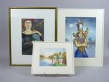 trois photos encadrées représentant une femme avec un oiseau sur l'épaule et une femme avec un oiseau sur l'épaule