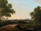 un tableau représentant un chemin de terre bordé d'arbres de chaque côté