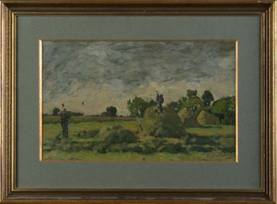 une image d'une peinture représentant un homme et un chien dans un champ