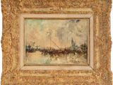une peinture à l'huile représentant un bateau dans un plan d'eau