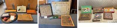 four pictures of a variety of items displayed on a table