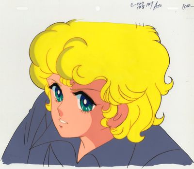 cellule d'animation représentant une jeune fille blonde aux yeux bleus