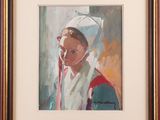 une peinture à l'huile représentant une femme portant un chapeau blanc et un foulard rouge