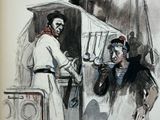 a drawing of a man and a woman talking to each other