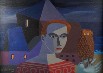 a painting of a woman with an owl on her arm