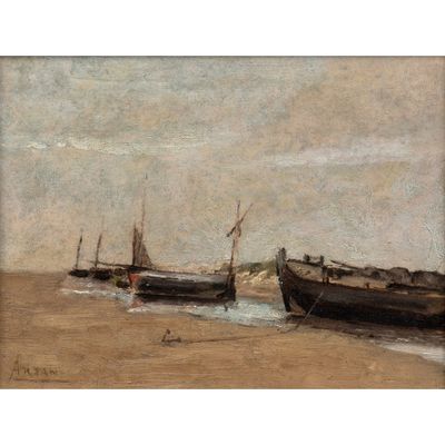une peinture représentant deux bateaux sur la plage, près de l'eau