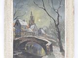 une peinture à l'huile représentant un pont enjambant une rivière, avec une église en arrière-plan