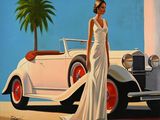 un tableau représentant une femme debout devant une voiture ancienne
