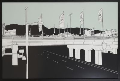 un dessin en noir et blanc représentant un pont d'autoroute