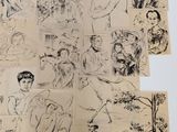 several drawings of people and animals are shown on a piece of paper