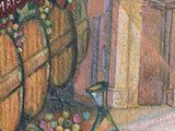 a painting of a wine barrel and a glass of wine on a table