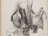 dessin représentant un homme debout sur un éléphant, avec un autre homme sur une échelle