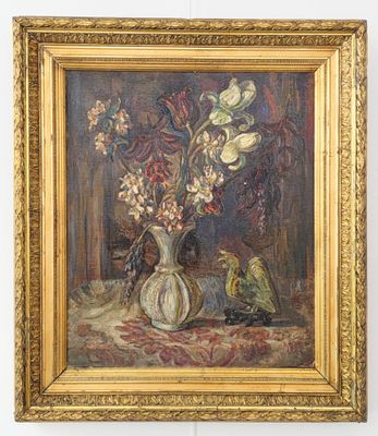 une peinture de fleurs dans un vase sur une table
