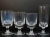 four empty wine glasses lined up on a table