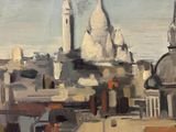 painting of a view of a city with a clock tower in the distance