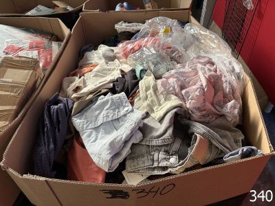 une boîte en carton pleine de vêtements posée sur le sol