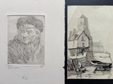 deux dessins représentant un homme coiffé d'un chapeau et un bateau sur l'eau