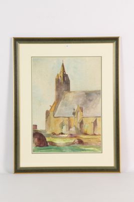 tableau représentant une église avec un clocher et un plan d'eau au premier plan