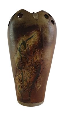a brown vase with a painting on it on a white background