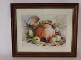 a picture of a painting of a still life of apples and a pumpkin
