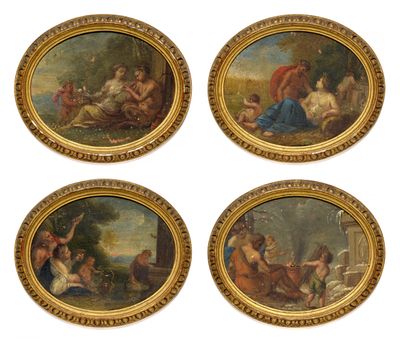 quatre tableaux ovales représentant des femmes et des enfants dans un décor boisé