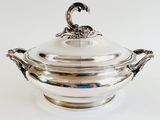 a silver plate with a lid and handles on a white surface