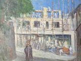 a painting of a building being built on the side of the street